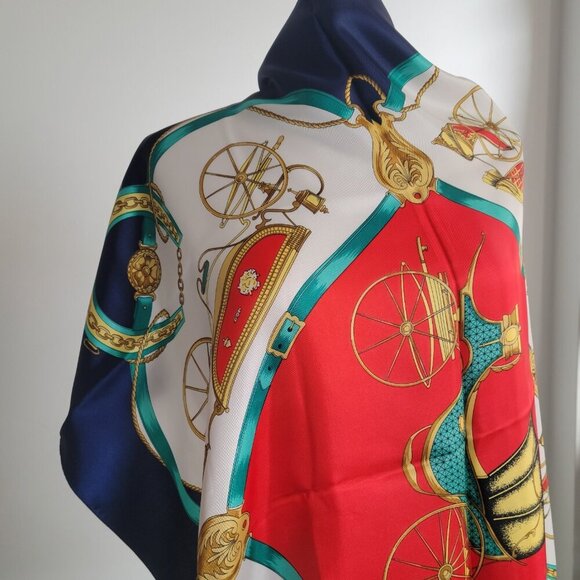 Vintage Equestrian Horse Carriage Blue Red & Gold 100% Silk Scarf - Picture 8 of 13